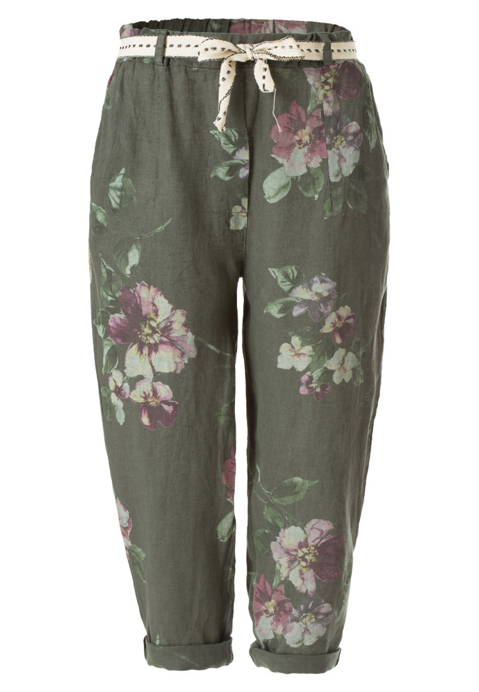 Leinen-Caprihose mit All-Over Blumen-Muster